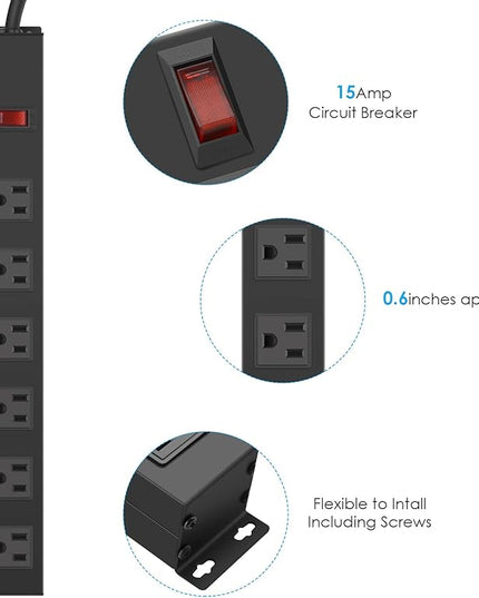 4Pack Metal Wall Mount Power Strip, Mountable Power Outlet with 6 AC Outlets, Aluminum Alloy Mount Power Socket with Switch, 6 FT SJT 3/C 14AWG Power Cord, 15A 125V 1875W (6AC)