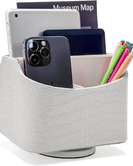 UnionBasic Rotating Desk Organizer, 360 Degree Desk Spinning Caddy, Desktop TV Guide/Mail/Media/Remote Controller Holder Organizer, Crocodile White