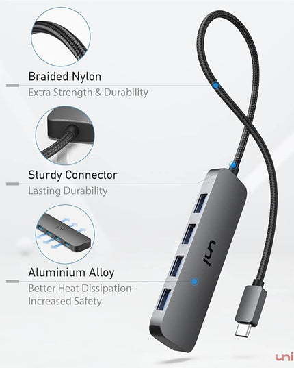 uni USB C to USB Hub 4 Ports 2ft, Sturdy Braided USB Type C to USB Adapter with 4 USB 3.0 Ports, Thunderbolt 3 to Multiport USB 3.0 Hub Adapter for MacBook Pro/Air 2020/2019, iPad Pro