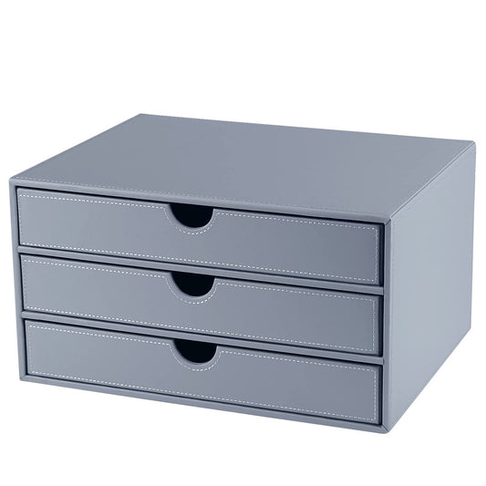 Leather Desk Organizer with 3 Drawers/Tray, Executive Office Supplies Desktop Filing A4 File Cabinet/Holder, Stackable Storage Box Grey (Gray)