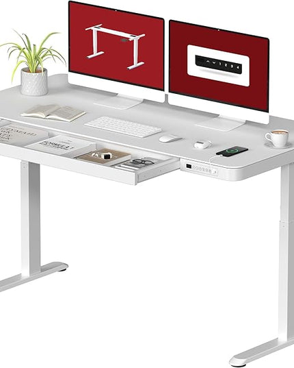 Standing Desk with Drawer, Electric Height Adjustable Home Office Desk with Storage & USB Ports, 55 inch White Wood Tabletop/White Frame