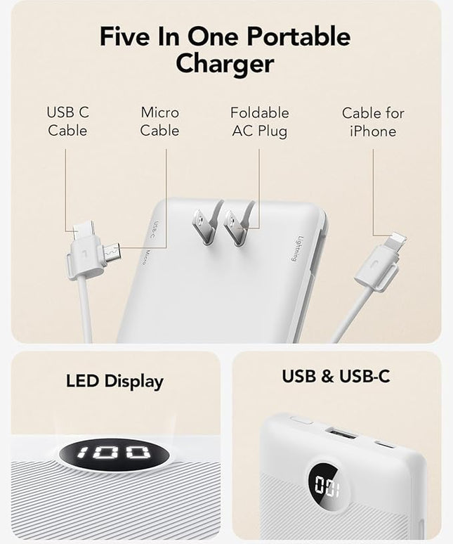 VRURC Portable Charger with Cables and Wall Plug | Power Bank with Cords | 10000mAh Portable Charger with AC Plug | External Battery Pack (Pure White)