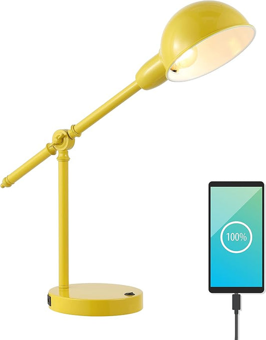 JONATHAN Y JYL7123C Curtis 20.25" Iron Adjustable Dome Shade LED Task Lamp, USB Charging Port, Classic, Coastal, Industrial, Vintage, Farmhouse, Traditional for Bedroom, Living Room, Office, Yellow