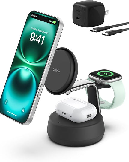 Belkin MagSafe Charger Compatible, 3-in-1 Charging Station, Qi2.2 25W w/Cooling Fan (On/Off Control) Magnetic Wireless Charger for iPhone 17, Apple Watch, AirPods, Pixel 10 (45W Adapter Included)
