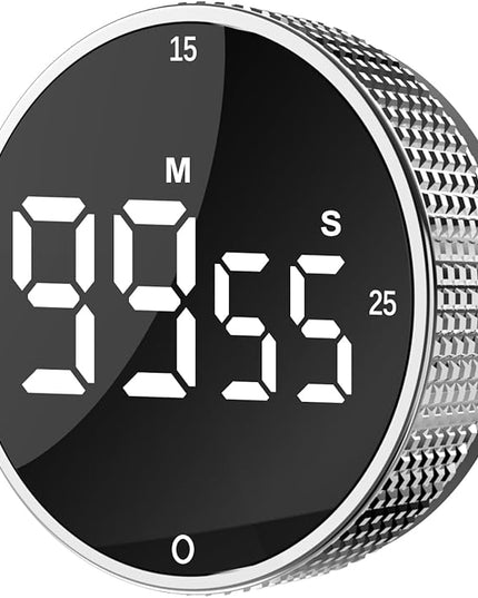 Upgrade Digital Kitchen Timer - Magnetic Countdown Countup Visual Pomodoro Timer with Large LED Display, 3-Preset Times (5, 15, 25), 3 Volume Levels, Ideal for Cooking, Baking and Fitness (1, Silver)