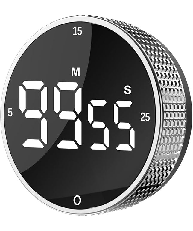 Upgrade Digital Kitchen Timer - Magnetic Countdown Countup Visual Pomodoro Timer with Large LED Display, 3-Preset Times (5, 15, 25), 3 Volume Levels, Ideal for Cooking, Baking and Fitness (1, Silver)