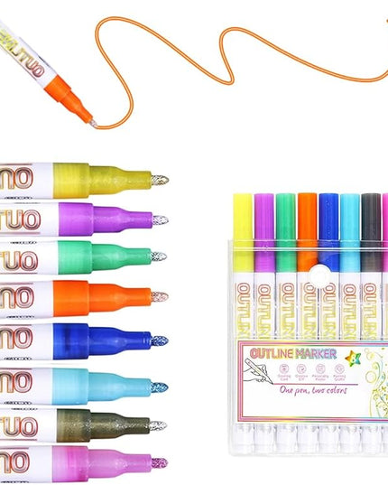 Dual-Line Highlighter, Double Line Outline Pen Sparkle Markers Colorful Art Pens for Writing, Scrapbooking, Coloring and, Journal Drawing, Greeting Cards (8 pcs)