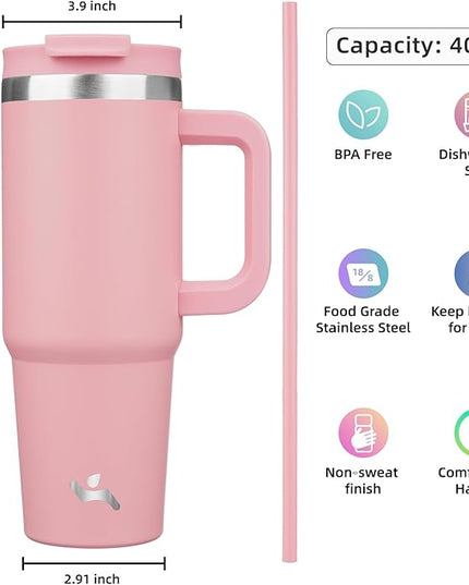 40 oz Tumbler with Handle and 2 Straws,2 in 1 Lid Insulated Water Bottle Stainless Steel Travel Coffee Mug,Pink