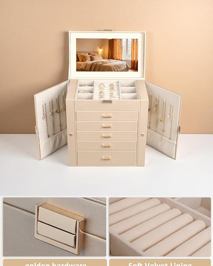 BOOVO Jewelry Box For women, 6 Layer Large Jewelry Organizer With Mirror, Multi-Function Storage Box With Lock, Necklace Holder With 5 Drawers, For Earrings Necklace Bracelet (Champagne Gold)