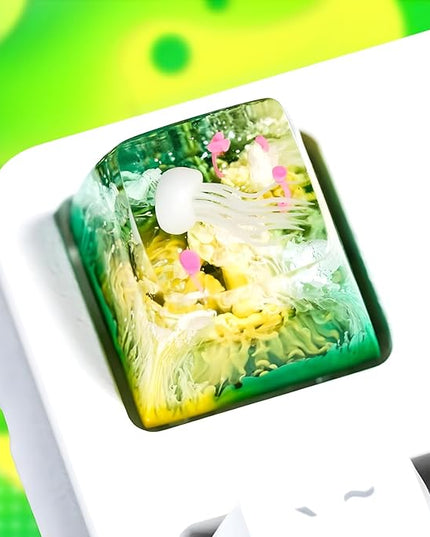 Jellyfish Artisan Keycap Yellow Green Coral R1 SA Profile Custom Sea Creature Keycaps 1U ESC Handmade Gaming Sea Resin Key Cap Cherry MX Switch Compatible Mechanical Keyboard Jellyfish Lover Gift