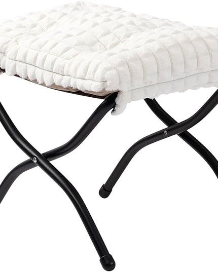 HollyHOME 15"(H) Folding Footrest Stool, Upholstered Small Foldable Ottoman, Accent Padded Sofa Foot Stool for Lazy Chair, Metal Portable Foot Rest Ottoman for Living Room, Bedroom, Faux-Fur White
