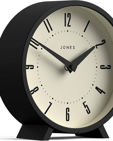 JONES CLOCKS® Venus Desk Clock | Modern Round Design | Black | Stylish Retro Look for Shelf, Table, Mantel or Bedside