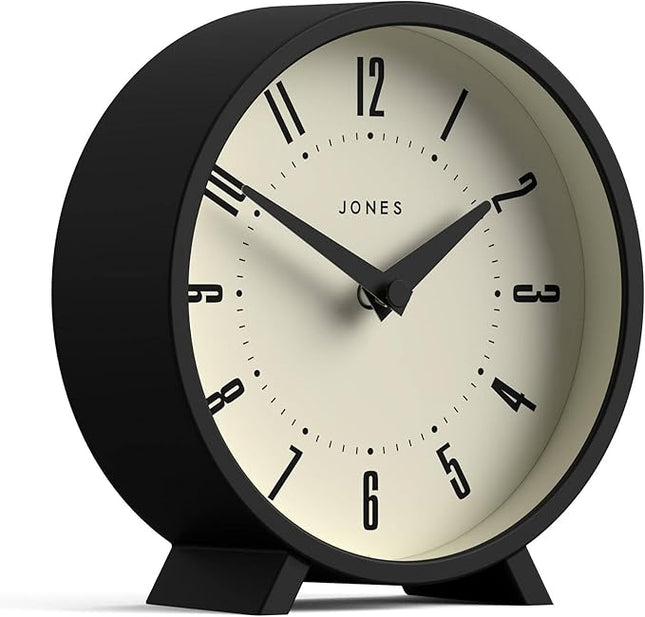 JONES CLOCKS® Venus Desk Clock | Modern Round Design | Black | Stylish Retro Look for Shelf, Table, Mantel or Bedside