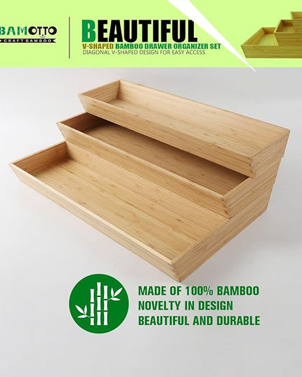 V-Shaped Bamboo Drawer Organizer Set of 3, Kitchen Large and Long Utensil Plate, Flatware & Silverware Storage Box, Wood Drawer Organizer for Bedroom, Living Room (19.6"x5.7" & 7.8" & 12.4")