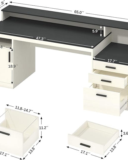 65 Inch Computer Desk with 3 Drawers & Storage Shelves, Executive Desk with File Drawer & Cabinet, Home Office Desk with Long Monitor Stand & Printer Shelf, Black & White