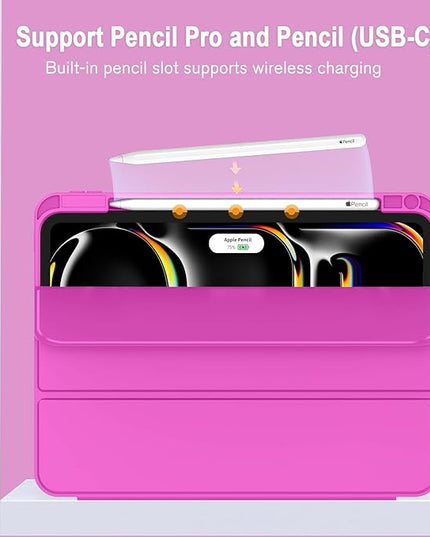 ZryXal iPad Pro 11 Inch Case (M5) 2025/ (M4) 2024 (Model: A2836/A2837/A3006), Trifold Stand Smart Cover with Pencil Holder and Soft TPU Back, Auto Wake/Sleep (Deep Pink)