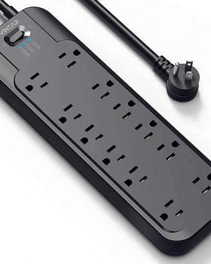 VINTAR Power Strip Surge Protector (2 × 4800 Joules) with 12 AC Outlets,1875W Output, 6ft Long Extension Cord Flat Plug with Dual Surge Protection for Office, Home, ETL Listed, Black