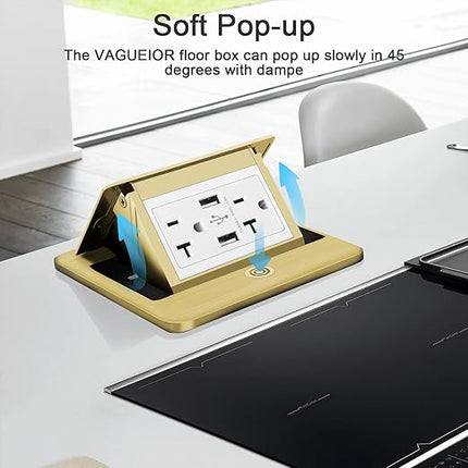 Vagueior Recessed Floor Electrical Outlet Kit,Waterproof Electrical Outlet Covcer Box,Hidden 4.8A USB+20A Tamper-Resistant Receptacle Outlet with Slow Elastic Damping ，ETL Certified,Brass