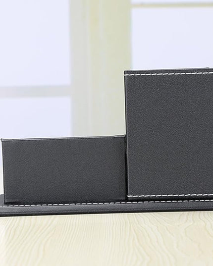 KINGFOM PU Leather Desk Organizer and Accessories, Pencil Holder for Desk with Business Cards Stand, School Office Supplies Collection Caddy Black
