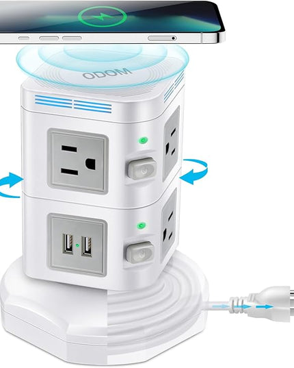 Power Strip Surge Protector, ODOM Power Strip Tower with 15W Fast Wireless Charger, 4 USB Ports + 6 Outlets + 6 Feet Retractable Extension Cord, Multiple Plug Charging Tower for Home Office Dorm