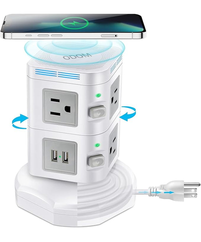 Power Strip Surge Protector, ODOM Power Strip Tower with 15W Fast Wireless Charger, 4 USB Ports + 6 Outlets + 6 Feet Retractable Extension Cord, Multiple Plug Charging Tower for Home Office Dorm