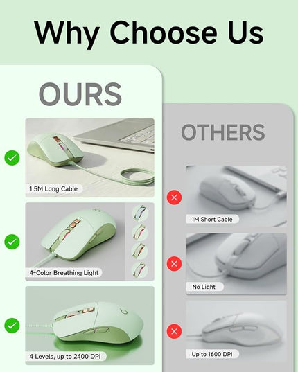 EWEADN G309 Wired Mouse, 7-Button Ergonomic Computer Corded Mouse with 2400 DPI, 4 Adjustment Levels DPI, Optical Office USB Mice with 5FT Cord for Laptop, PC, Desktop, MacBook-Green