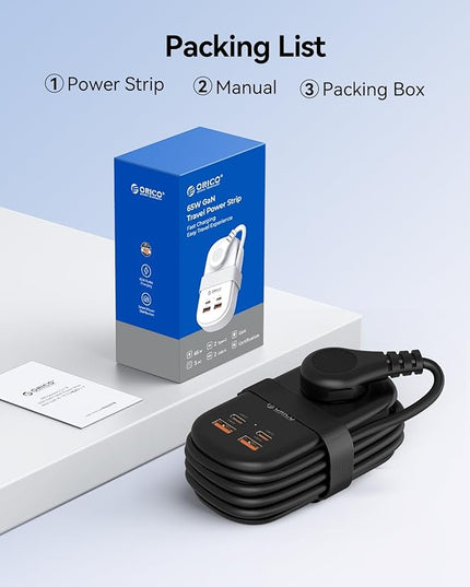 ORICO 65W GaN Travel Power Strip with 7-in-1 Charging Ports (3 AC Outlets/2 USB-A/2 USB-C), Flat Plug and 4FT Extension Cord, Fast Charger for MacBook Pro/Air, iPad Pro, iPhone 17/16/15 -AP3