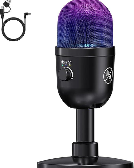 USB Microphone for PC - Computer Gaming Mic with RGB Lighting for PS 4&5,Dual Audio Mixing,Mute,Headphone Output,192KHz/24Bit Hi-Fi Condenser Microphone for Streaming,Singing,Podcast Recording