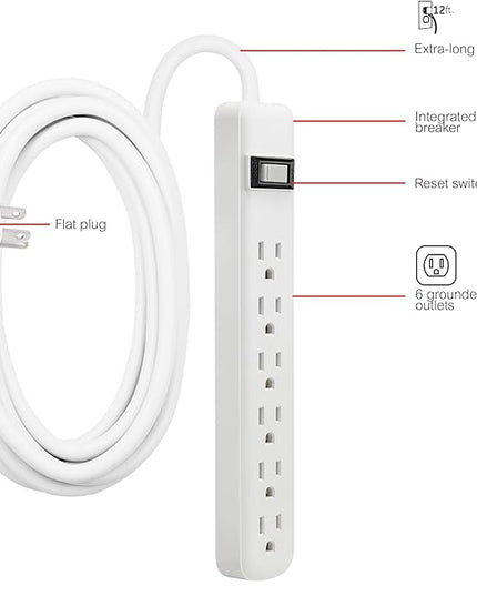 GE 6-Outlet Power Strip, 12 Ft Extension Cord, Flat Plug, Grounded, Integrated Circuit Breaker, 3-Prong, Wall Mount, ETL Listed, White, 45195