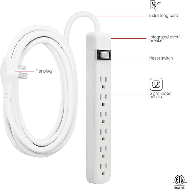 GE 6-Outlet Power Strip, 12 Ft Extension Cord, Flat Plug, Grounded, Integrated Circuit Breaker, 3-Prong, Wall Mount, ETL Listed, White, 45195