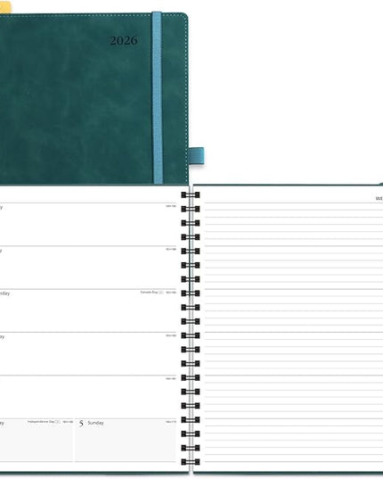 POPRUN 2026 Planner Weekly Notebook Calendar (Jan-Dec), Large Size 8.5'' x 10.5'' - Agenda 2026 Appointment Book with Monthly Tabs, Inner Pocket, Spiral Soft Cover, 100 GSM - Petrol