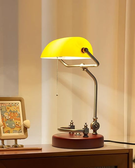 Bankers Lamp, Traditional Orange Desk Lamp with Solid Birch Wood Base, Orange Glass Antique Library Lamp with Pull Chain Switch, Plug in Vintage Bankers Desk Lamp for Office, Study Room 【E26 Socket】