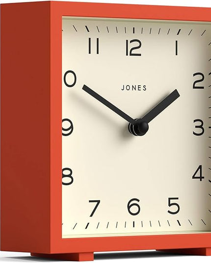 JONES CLOCKS® Disco Desk Clock | Sleek Square Design | Orange | Stylish and Easy to Read for Shelf, Table, Mantel or Bedside