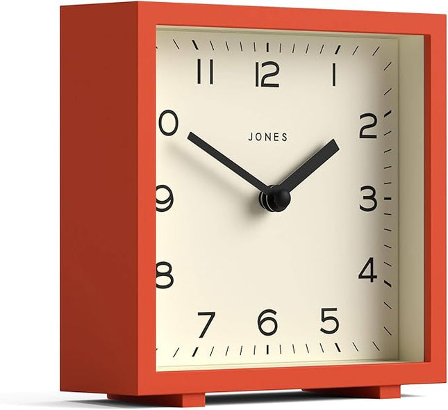JONES CLOCKS® Disco Desk Clock | Sleek Square Design | Orange | Stylish and Easy to Read for Shelf, Table, Mantel or Bedside