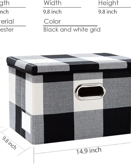 PRANDOM Collapsible Storage Bin with Lid [3-Pack] Fabric Foldable Storage Box Organizer Container Basket Cube with Cover for Home Bedroom Closet Office Nursery Black and White Grid(14.9x9.8x9.8)