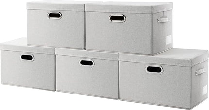 PRANDOM Large Collapsible Storage Containers with Lids [5-Pack] Fabric Foldable Storage Bins Boxes Organizer Baskets Cube with Cover for Home Bedroom Closet Office Beige(17.3x11.8x11.8)