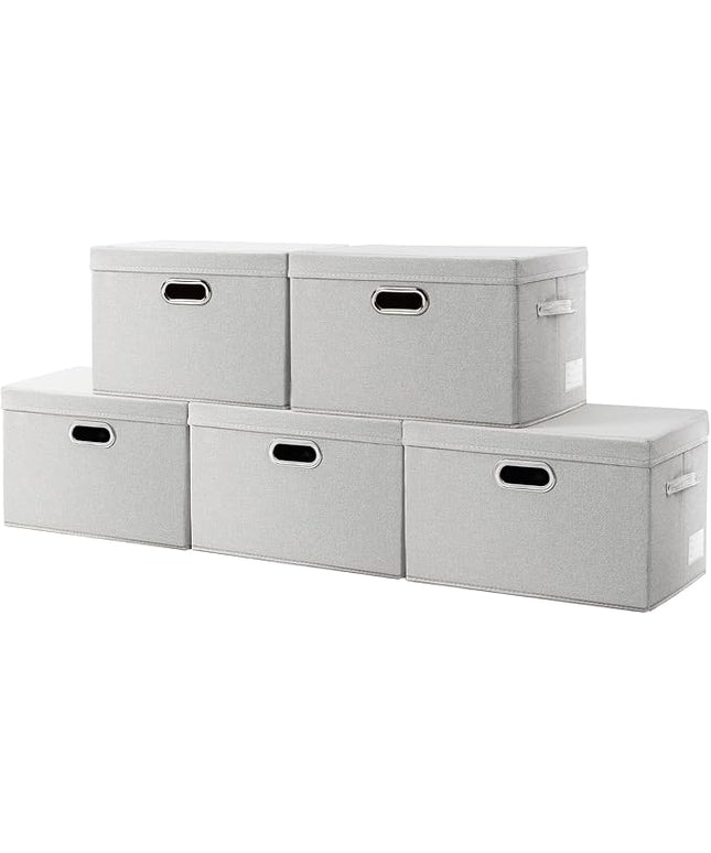 PRANDOM Large Collapsible Storage Containers with Lids [5-Pack] Fabric Foldable Storage Bins Boxes Organizer Baskets Cube with Cover for Home Bedroom Closet Office Beige(17.3x11.8x11.8)