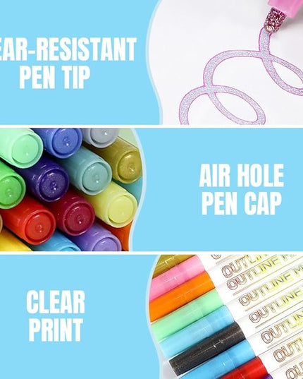 Dual-Line Highlighter, Double Line Outline Pen Sparkle Markers Colorful Art Pens for Writing, Scrapbooking, Coloring and, Journal Drawing, Greeting Cards (8 pcs)