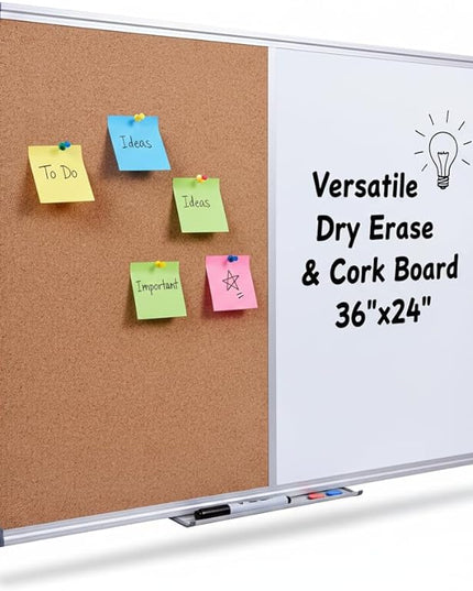 Magnetic Combination Whiteboard & Cork Bulletin Board, 36 x 24 Inch-Dual Surface Combo Board for Home Office Organization, Kitchen Meal Planning & School Study-Silver Aluminum Frame