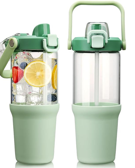 Glass Tumbler with Carry Handle, Clear Glass Water Bottle with Leakproof Lid, Spout Lid&Straw, BPA-Free, 32 oz, Light Green