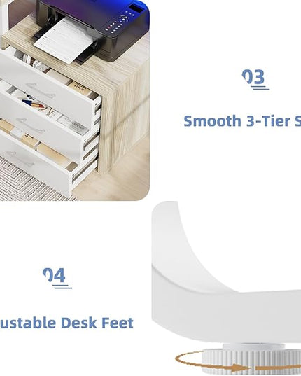 Office Desk with 3 Drawers, 67 Inch Computer Desk with Long Monitor Stand & Printer Shelf, Reversible Long Desk with Storage Shelves & LED Light, White and Walnut