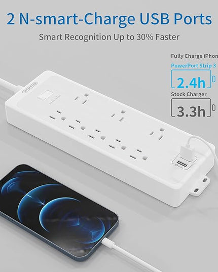 Surge Protector Power Strip 10 ft Cord, NTONPOWER Heavy Duty Extension Cord 10 ft, 8 Outlets and 2 USB Ports, Flat Plug, 1875W/15A 1700 Joules, Wall Mountable for Home Office, Dorm Essentials White