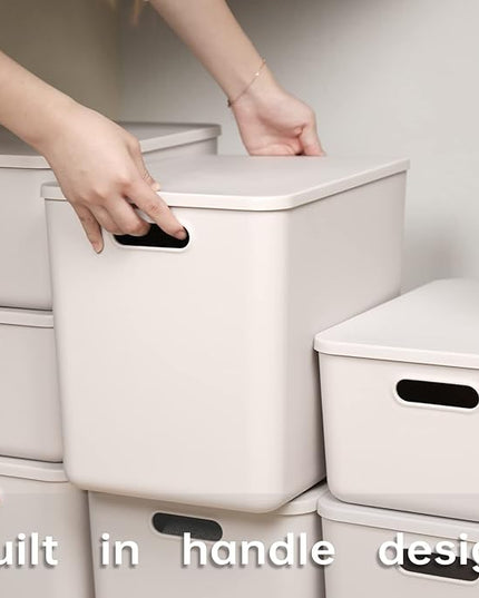 Plastic Storage Baskets With Lid Organizing Container Lidded Knit Storage Organizer Bins for Shelves Drawers Desktop Closet Playroom Classroom Office (4XL+2L, Light grey)