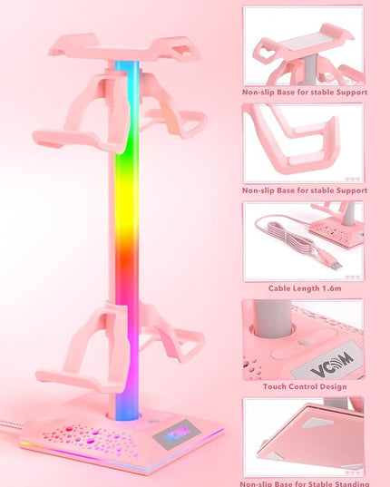 VCOM RGB Gaming Headphones Stand with 2 USB Ports, Pink Headset Stand with 10 Light Modes and Non-Slip Rubber, Suitable for PC Desk Accessories Gamers Gift(Pink)