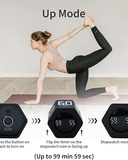 Productivity Timer Flip Gravity Sensor Pomodoro Cube Timer Countdown & Countup,1/5/10/30/60min Preset & Custom Timing, Mute/Vibrate/Sound for ADHD,Work,Study,Kitchen(1, Black Hexagon)