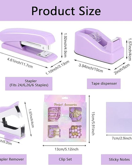 suniya Office Supplies,Desk Accessories,Tape Holder,Stapler,Scissor,Staple Remover,Box of Binder Clips,Staples,Ballpoint Pen,Sticky Notes,Clear Tape,Ruler,Office Supplies Set Purple