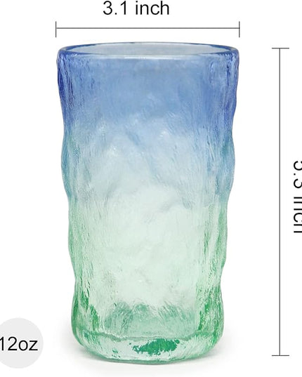 TOSSOW Drinking Glasses Set of 2,Mixed Drink Glassware Sets Glacier Pattern Colorful Glass Water Cups for Wine, Beer, Juice, Mojito and Cocktail(12 oz)