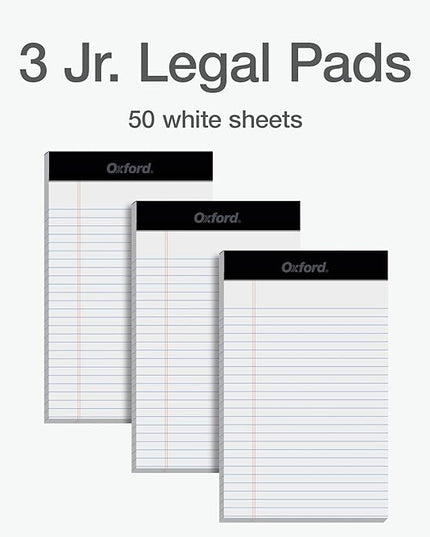 Oxford 5 x 8 Inch Legal Pads, 3 Pack, Narrow Ruled on Both Sides, White Lined Paper, 50 Perforated Sheets Per Writing Pad, Proudly Made in the USA (1017034)