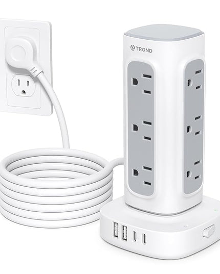 TROND Surge Protector Power Strip Tower - 10ft Flat Plug Extension Cord with Multiple Outlets, 4 USB Ports, Vertical Charging Station, 1700 J, Home Office Desk Supplies, Dorm Room Essentials, White