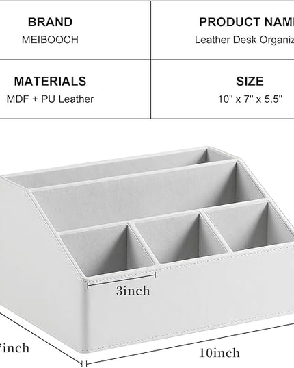 MEIBOOCH PU Leather Desk Organizer, Luxury Remote Control Holder for Home, Office Desk Accessories Table Caddy Bedside Nightstand Organizer (White)